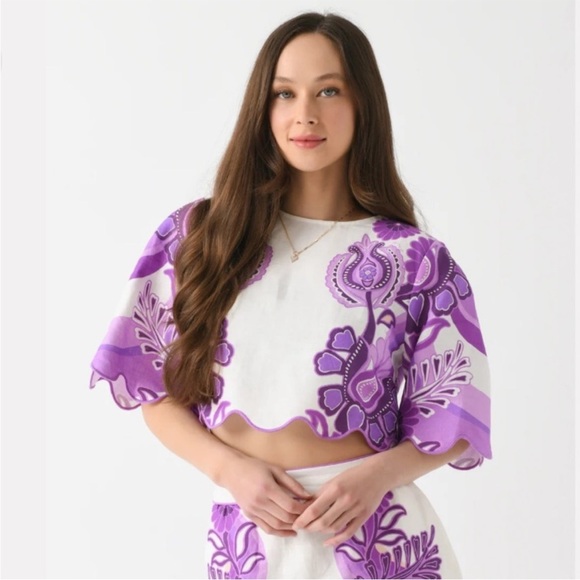 FARM Rio Purple Color Festival Euroflax Cream Cropped blouse, XL, NWOT - Picture 3 of 10